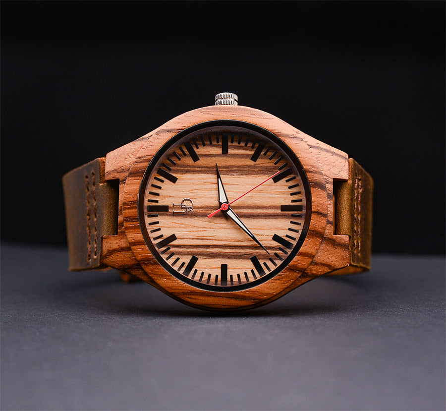 UXD Personalized Engraved Exotic Zebra Wood Face Watch Genuine Leather Band