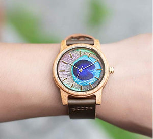 UD Handmade Unisex Peacock Feather Pattern Casual Leather Wooden Watch