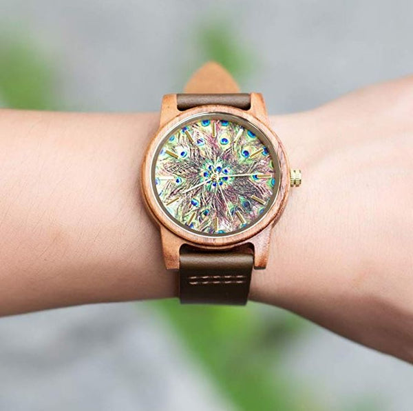 Handmade Unisex Peacock Feather Pattern Casual Leather Wood Watch