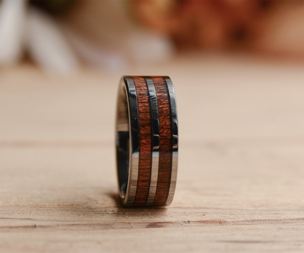 Men Rings - Mens Wedding Ring 8mm Two Koa Wood Inlay Tungsten Wood Ring 8
