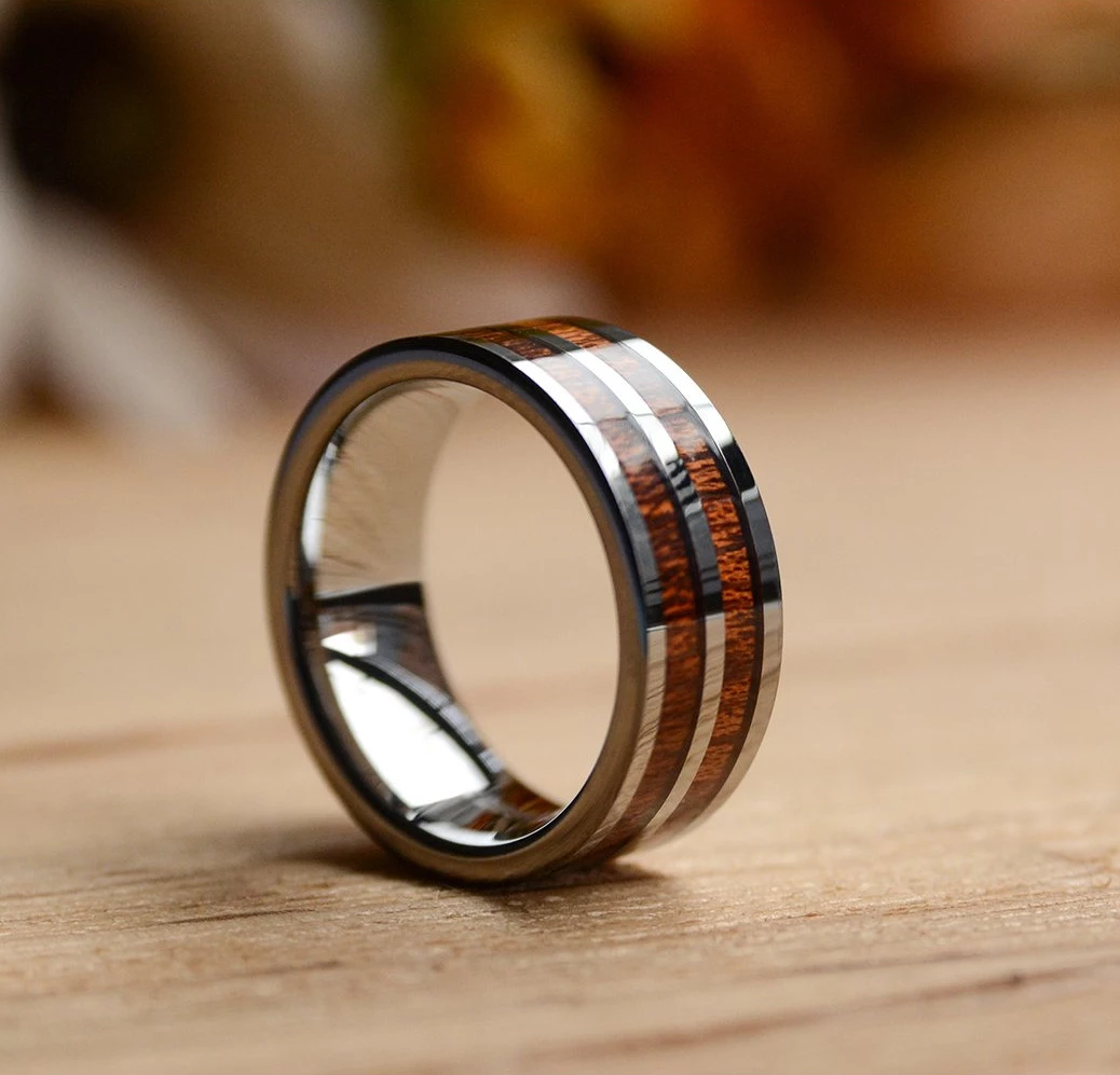 8mm Two Koa Wood Inlay Tungsten Wood Ring