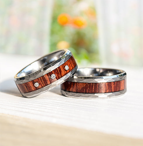 Match His and Hers Diamond Tungsten Rings with Wood Inlay and Hammered Texture