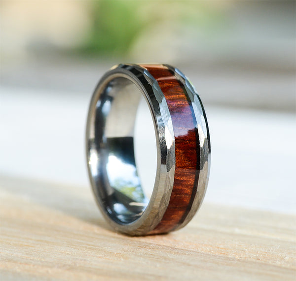 UXD Match His and Hers Tungsten Ring Set With Koa Wood Inlay And Hammered Texture