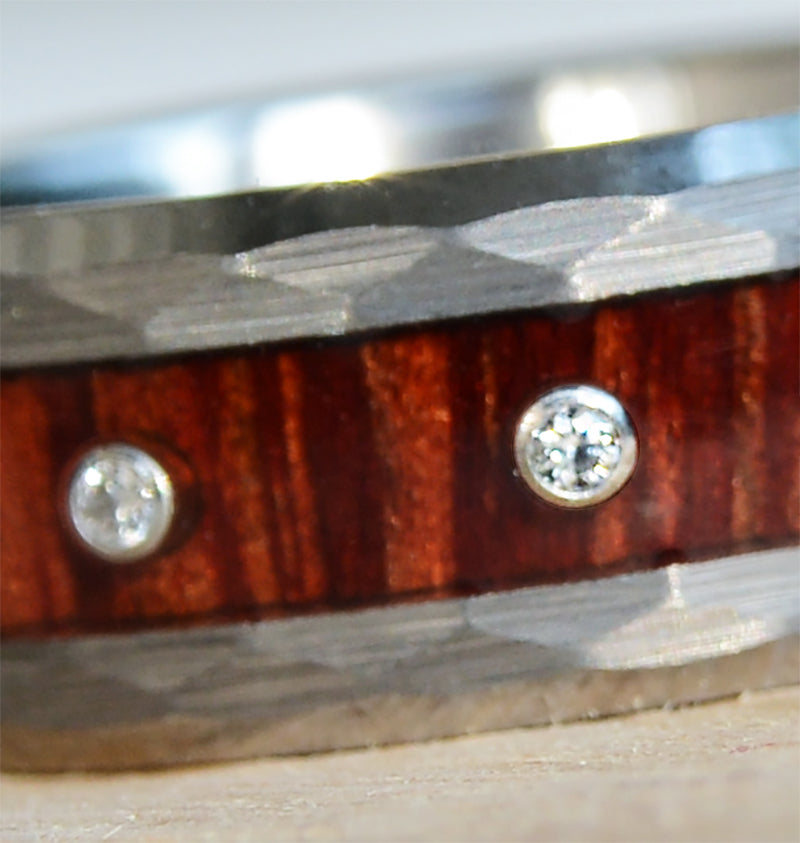 Diamond Tungsten Rings with Wood Inlay and Hammered Texture