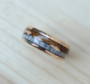 Men's Tungsten Ring With Antler And Koa Wood Inlay Sleek Feathered Arrow