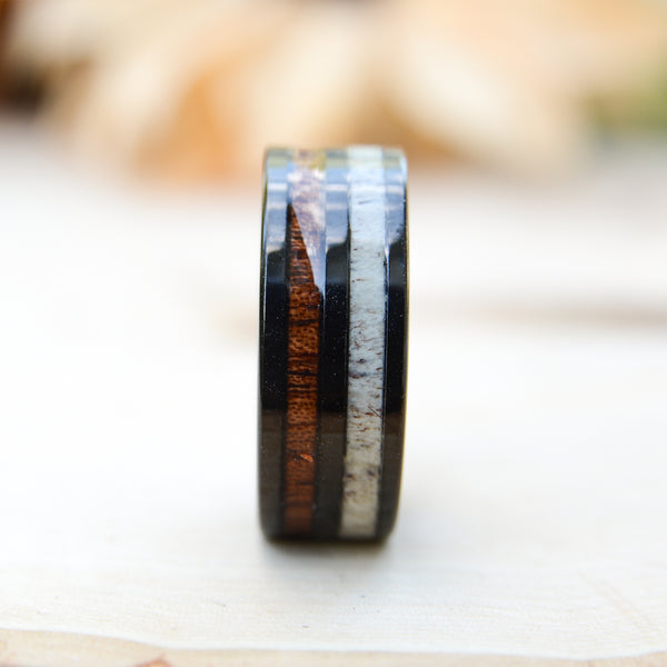 Wood Rings - Antler and Wood Inlay Black  Tungsten Ring