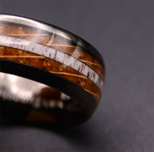 Gunmetal Gray Tungsten Rings For Men Whiskey Barrel Wood & Elk Antler Inlay
