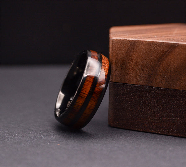 Mens Wood Wedding Band: 8mm Double Koa Wood Inlay Tungsten Wood Ring | Urban Designer