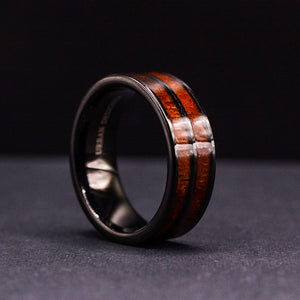 Mens Wood Wedding Bands: 8mm Double Koa Wood Inlay Tungsten Wood Ring | Urban Designer