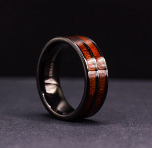Mens Wood Wedding Bands: 8mm Double Koa Wood Inlay Tungsten Wood Ring | Urban Designer