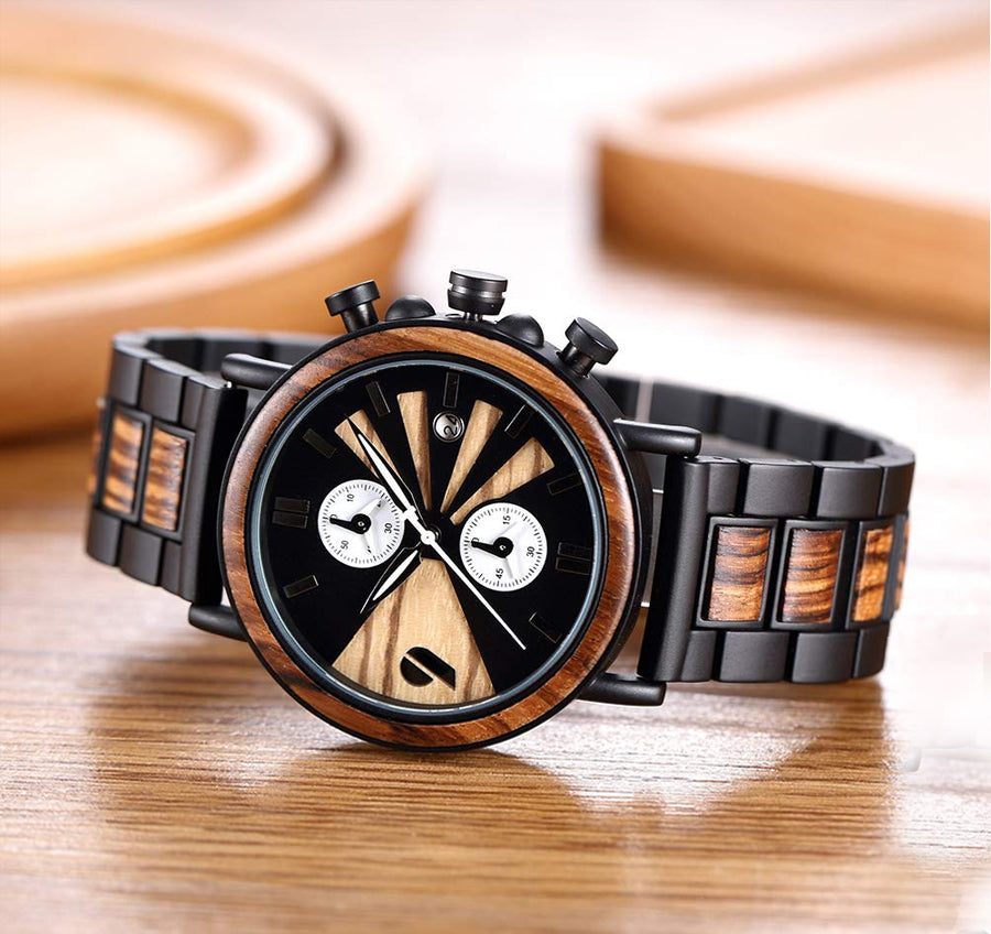 Ebony Wood & Stainless Steel Combined Chronograph Wood Watch