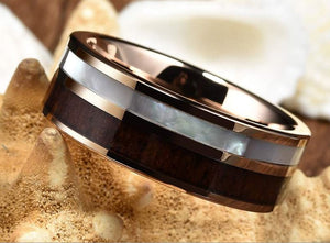 Mens Wedding Band Gold Plated Tungsten Carbide Ring Real KOA Wood Shell Inlay Wedding Band