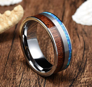 Mens Tungsten Carbide Wood Wedding Ring Blue Opal Inlay