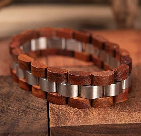 Mens Wooden Bracelet Stylish Wood & Stainless Steel Combined Cherry Wooden Bangle