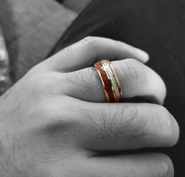 Rose Gold Tungsten Ring With Meteorite And Wood 8mm