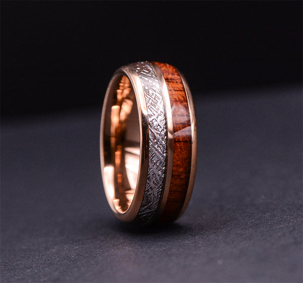 Wood Wedding Band: Urban Designer Rose Gold Tungsten Ring With Meteorite And Wood Wedding Ring