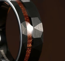 Hammered Texture Dark Tungsten Rings with Wood Inlay