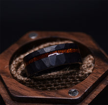 Hammered Texture Dark Tungsten Rings with Wood Inlay