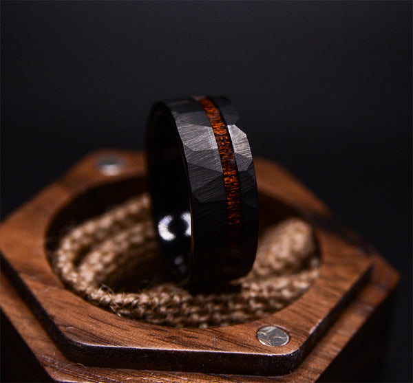 Wedding Rings for Men: Dark Tungsten Wedding Band With Koa Wood Inlay and Hammered Texture, Mens Wedding Rings, Wooden Rings, Hammered Rings