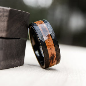 Classic Dark Tungsten Rings with Wood Inlay and Hammered Texture