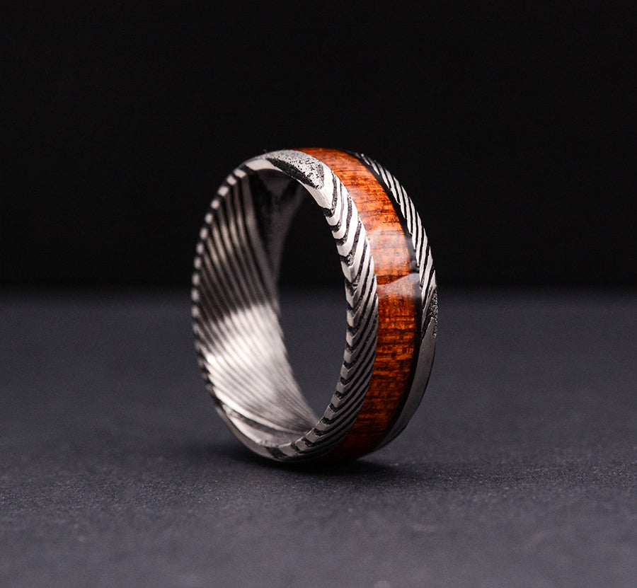 8mm Wedding Band Koa Wood Inlay Damascus Steel Pattern Ring