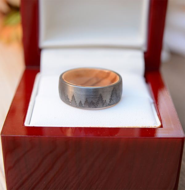 Mens Wedding Band Tungsten Ring Lasered Forest Landscape Men's Brushed Wedding Band with Olive Wood Sleeve