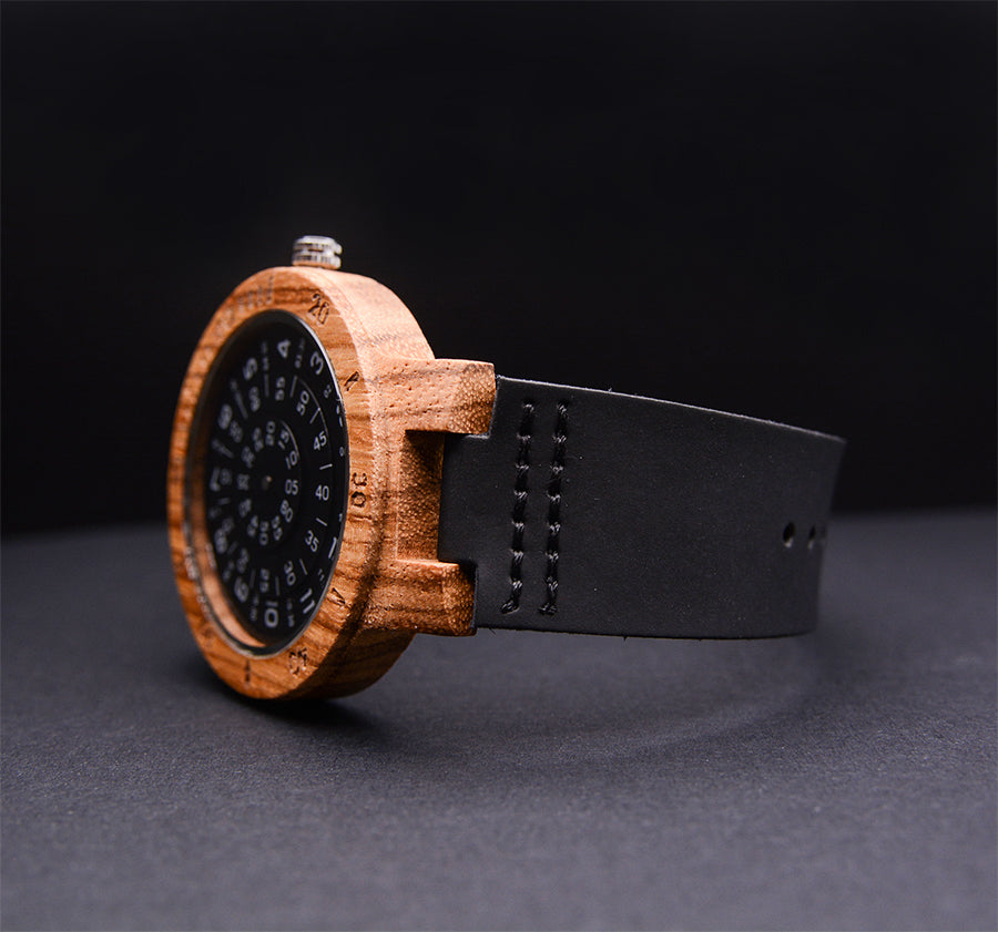 Handmade Round Engraved Wood Watch With Leather Band