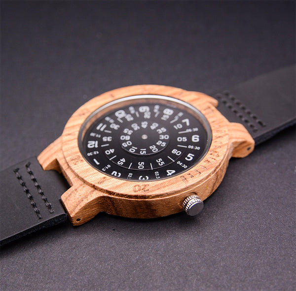 Handmade Round Engraved Wood Watch With Leather Band