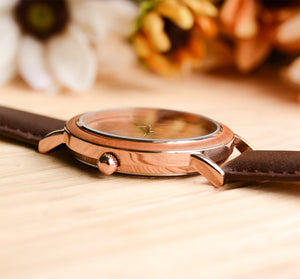 Minimalist stainless steel in silver natural wooden watch with premium leather band