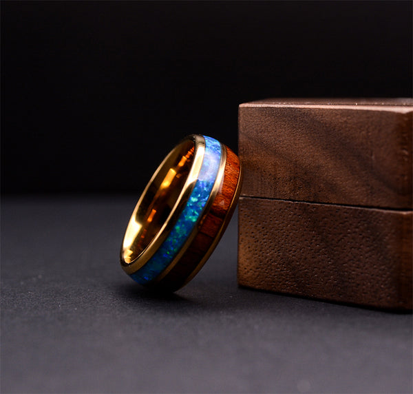 8mm Rose Gold Tungsten Opal Ring With Koa Wood Inlay