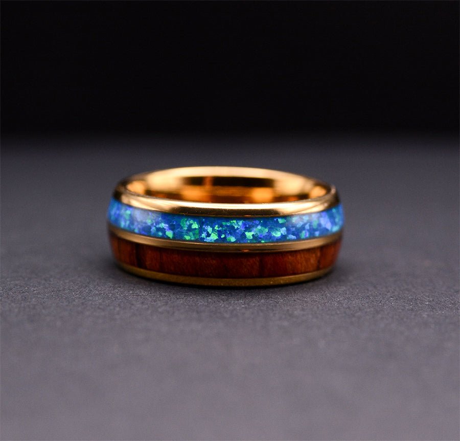 8mm Rose Gold Tungsten Opal Ring With Koa Wood Inlay