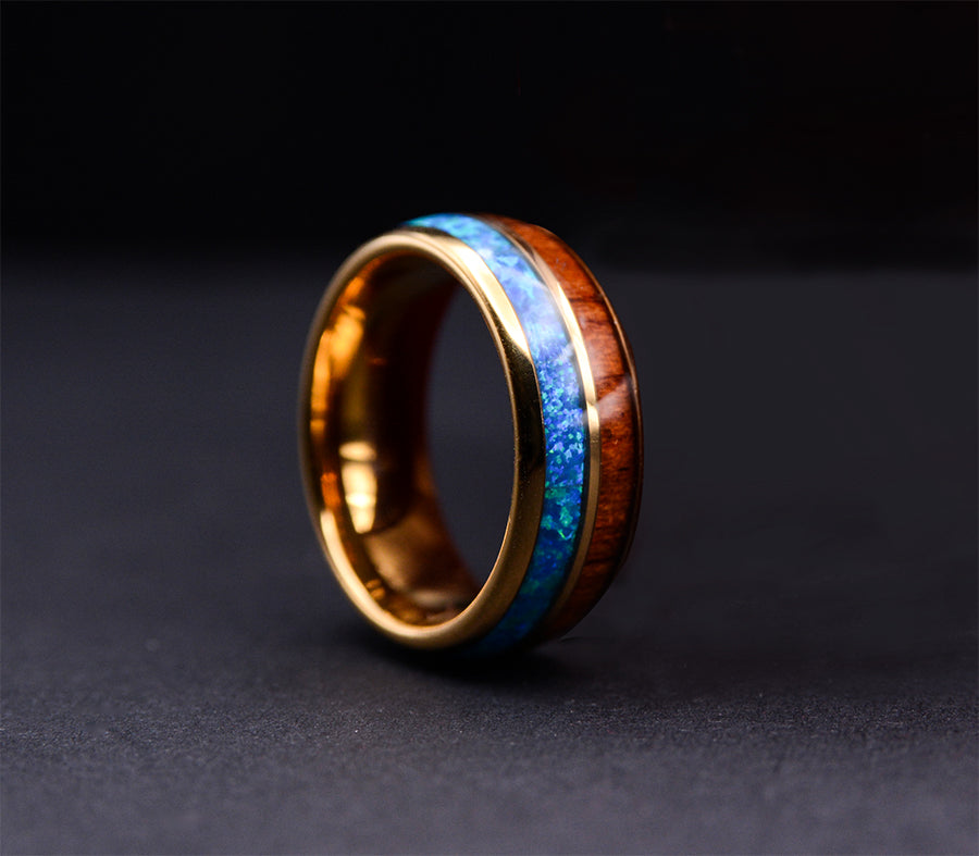 Wood Wedding Band: Rose Gold Tungsten Opal Ring With Koa Wood Inlay, Unisex Wedding Ring, wooden Ring for men , Wood Wedding Band, 8mm Ring Hawaiian Koa Wood