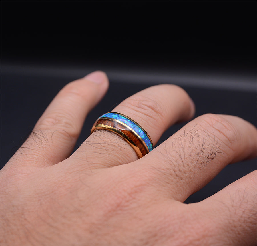 Wood Wedding Band: Rose Gold Tungsten Opal Ring With Koa Wood