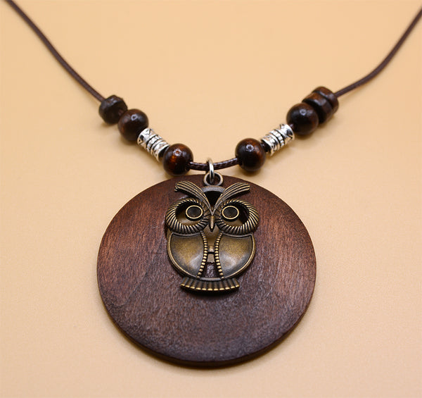Wooden Pendant Necklace with Owl Charm Long Wax Rope Chain