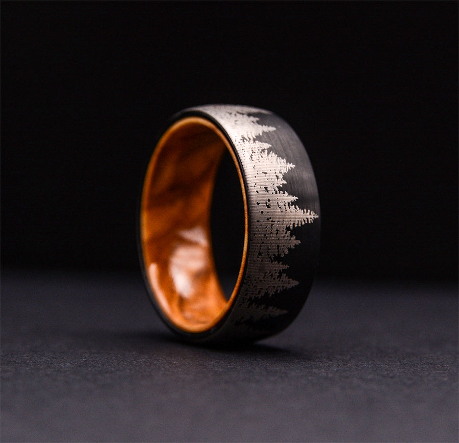 Lasered Forest Landscape Tungsten Ring Men's Dark Wedding Band with Olive Wood Sleeve