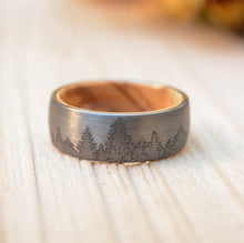 Mens Wedding Band Tungsten Ring Lasered Forest Landscape Men's Brushed Wedding Band with Olive Wood Sleeve