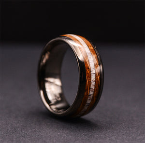 Mens Wedding Ring Gunmetal Gray Tungsten Rings For Men Whiskey Barrel Wood & Elk Antler Inlay Wedding Ring, Wood Wedding Band for Men