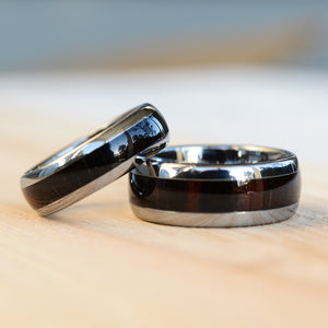 Wedding Band Rings Set Black Tungsten Ring Sets with Koa Wood Inlay and Sleek Silver Feathered Arrow | Urban Designer 