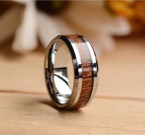 Wooden Rings: 8 mm Tungsten Rings For Men with Koa Wood Inlay