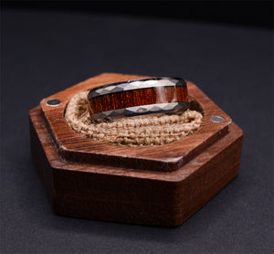 Mens Tungsten Rings with Wood Inlay and Hammered Texture