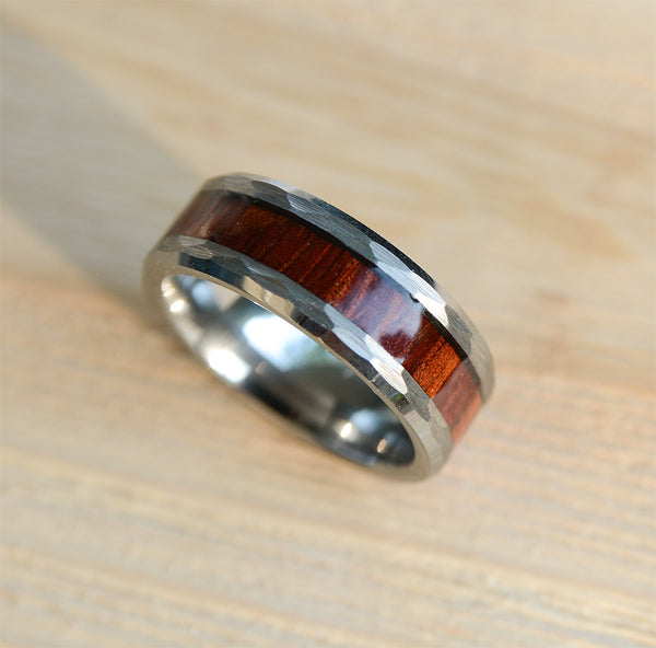 UXD Match His and Hers Tungsten Ring Set With Koa Wood Inlay And Hammered Texture
