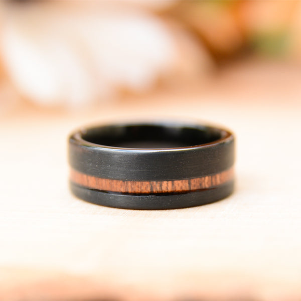 Mens 8mm Black Tungsten Carbide Wooden Ring Matte Brushed