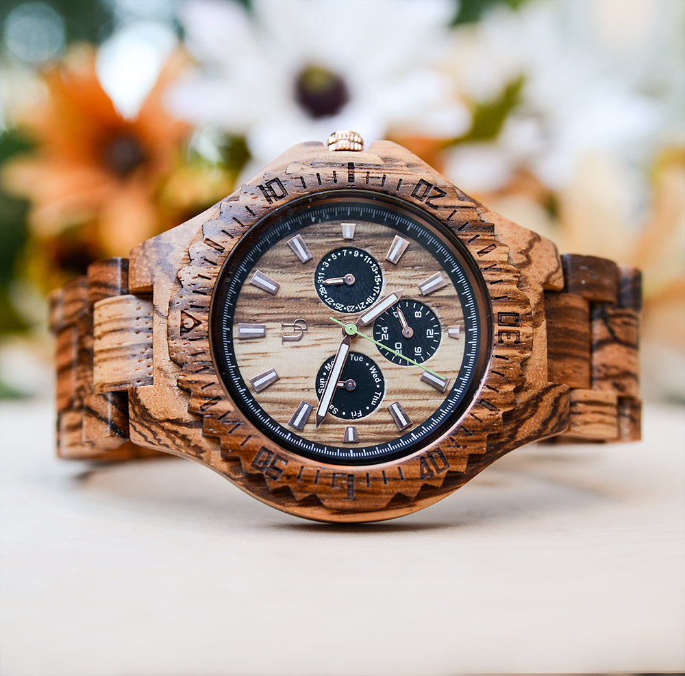 UD Personalized Function Chronograph Zebra Round Wooden Watch