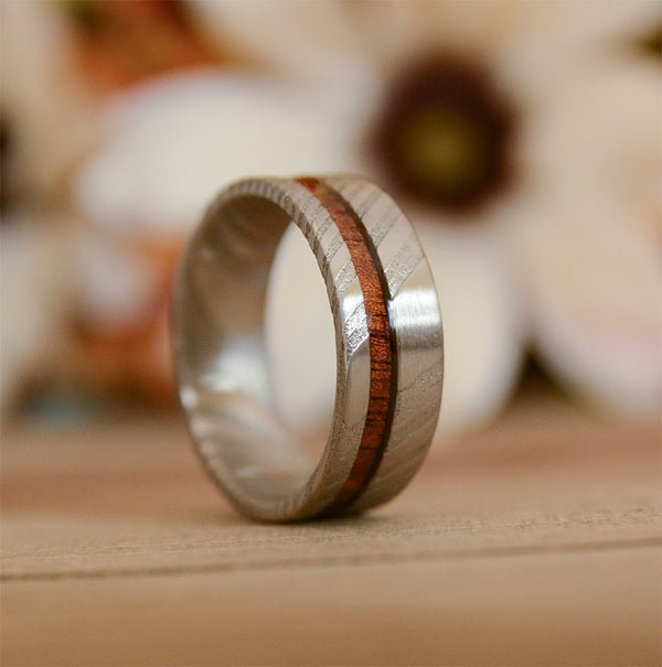 UD 8mm Mens Wedding Band with Koa Wood Inlay and Damascus Steel Pattern Ring