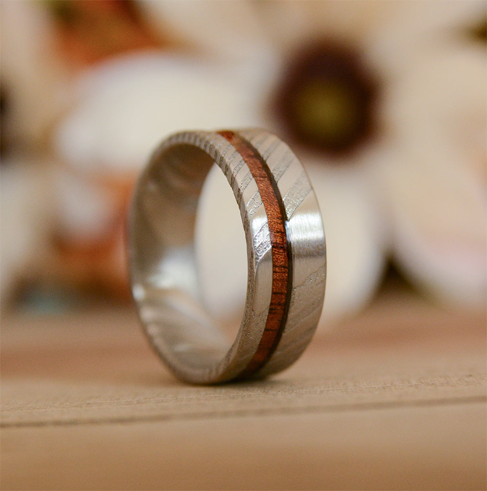 Urban Designer Mens Wedding Band with Koa Wood Inlay and Damascus Steel ...