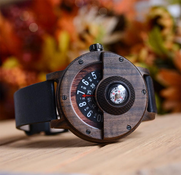 Handmade Compass Wooden Watch For Men Leather Strap
