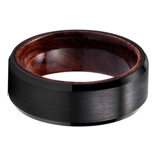 Mens Wooden Rings Black Tungsten Wedding Band With Wood Inlay
