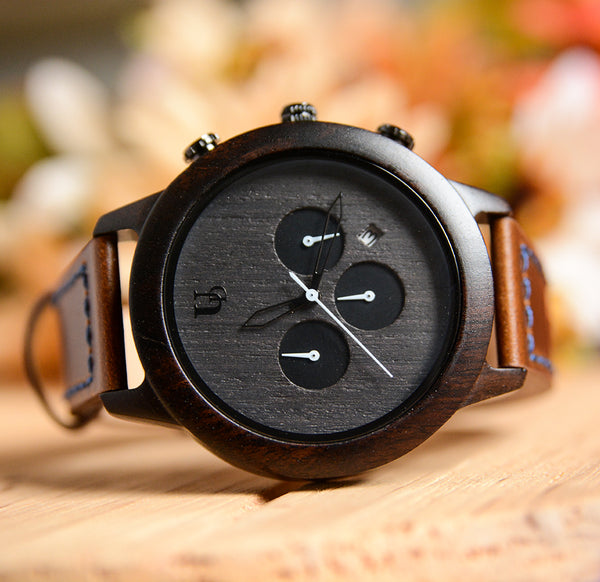 Personalized Mens Minimalist Dark Face Multi-Function Chronograph Round Wooden Watch with Premium Leather Band