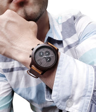 UXD Personalized Mens Minimalist Dark Face Multi-Function Chronograph Round Wooden Watch with Premium Leather Band