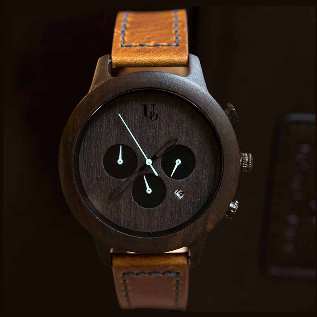 UXD Personalized Minimalist Dark Face Function Chronograph Round Wooden Watch Premium Leather Band